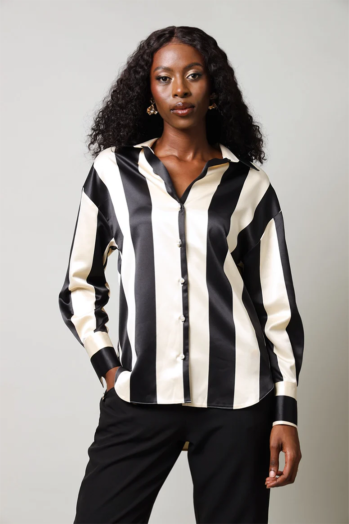 legit-long-sleeve-stripe-satin-shirt-black-f Long Sleeve Stripe Satin Shirt - Image 1